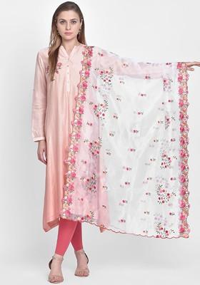 White And Pink Organza Embroidered Dupatta