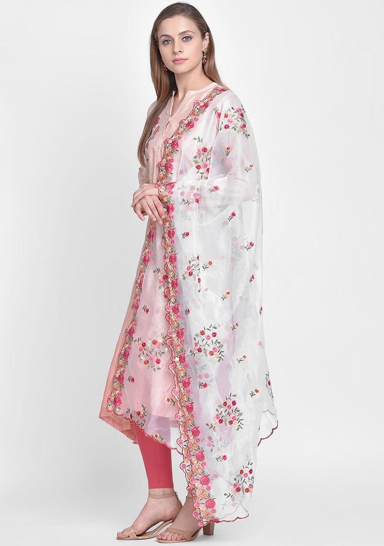 White And Pink Organza Embroidered Dupatta