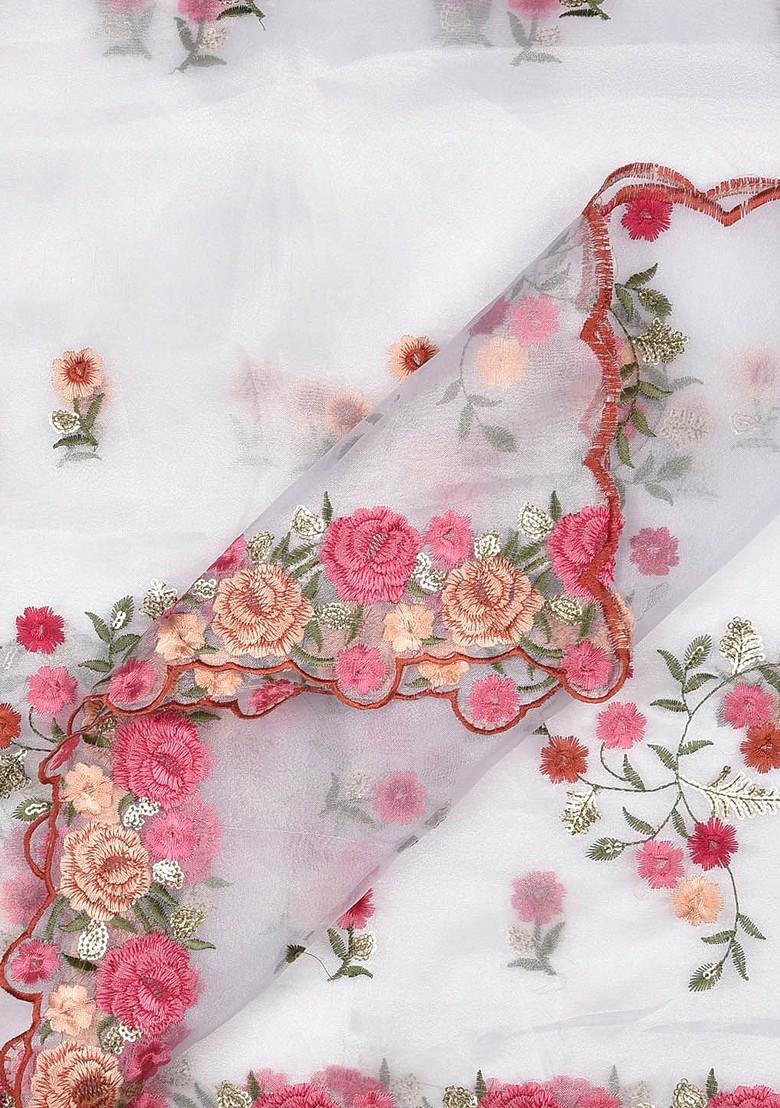 White And Pink Organza Embroidered Dupatta