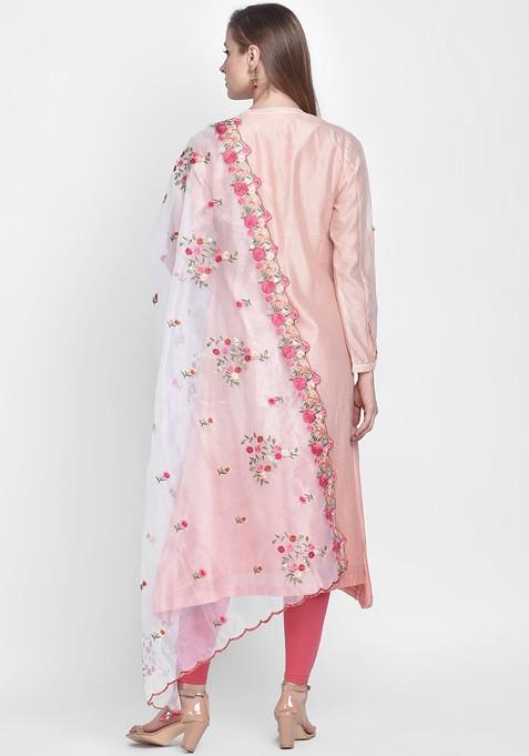 White And Pink Organza Embroidered Dupatta