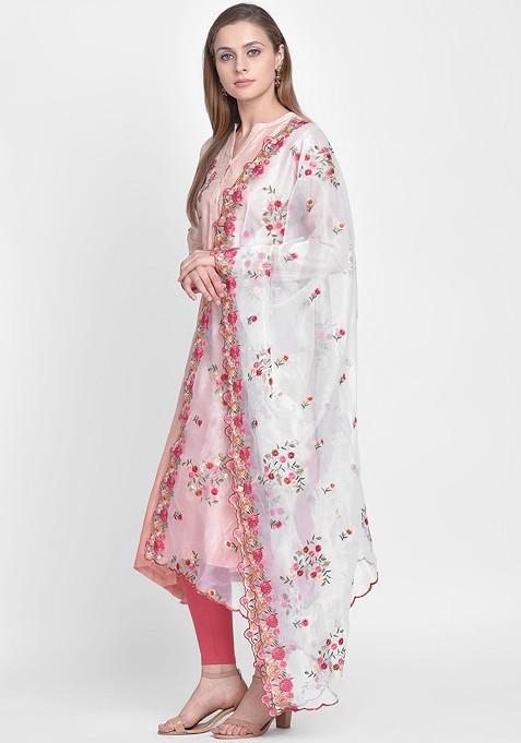 White And Pink Organza Embroidered Dupatta