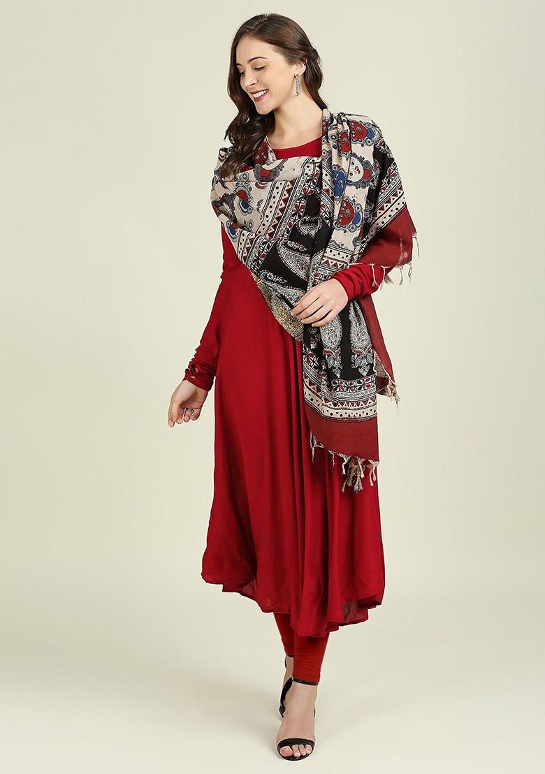 Beige And Black Ethnic Motifs Printed Pure Cotton Kalamkari Dupatta