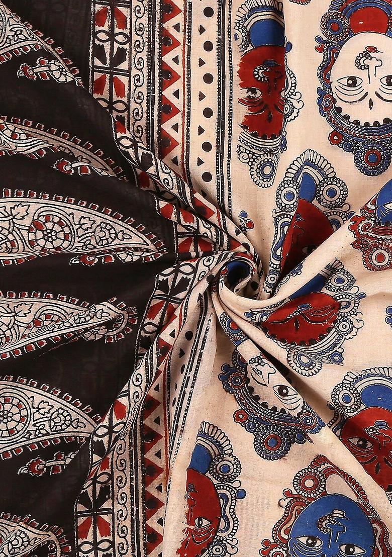 Beige And Black Ethnic Motifs Printed Pure Cotton Kalamkari Dupatta