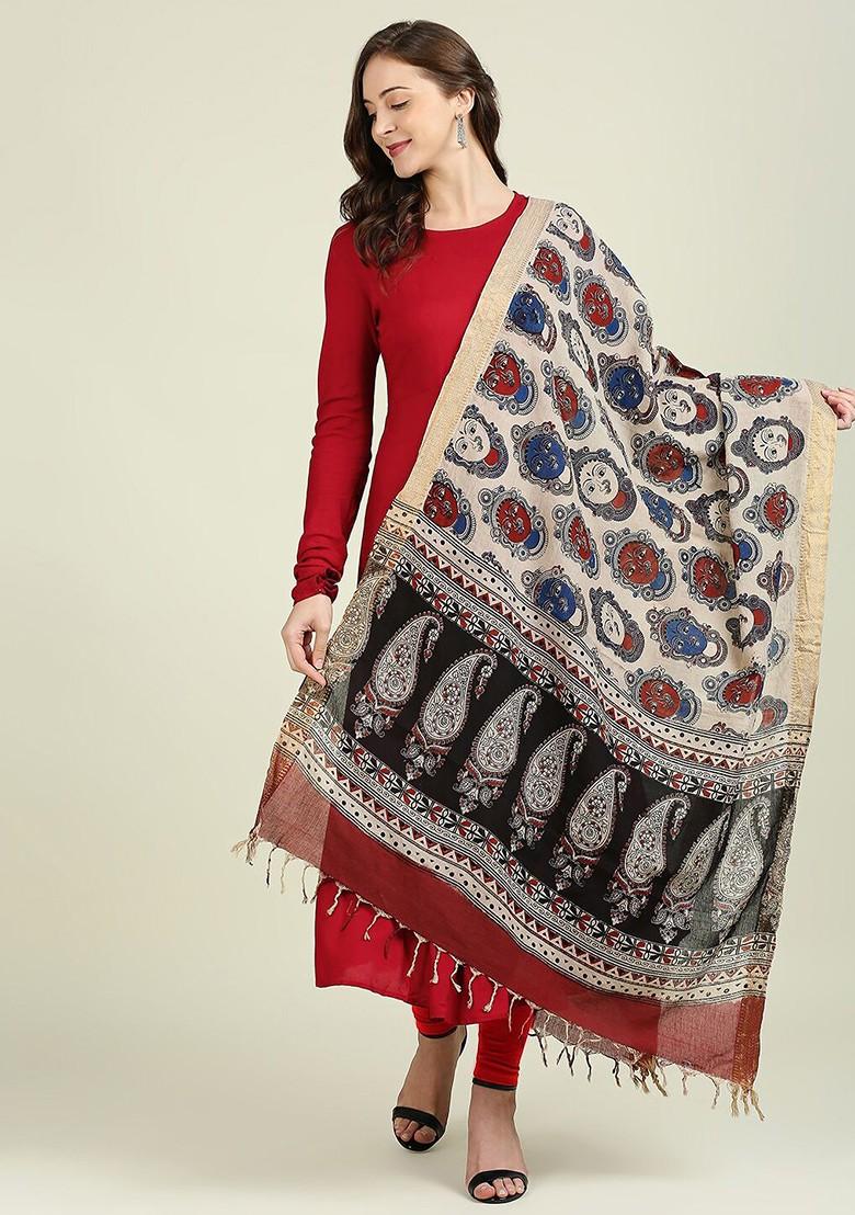 Beige And Black Ethnic Motifs Printed Pure Cotton Kalamkari Dupatta