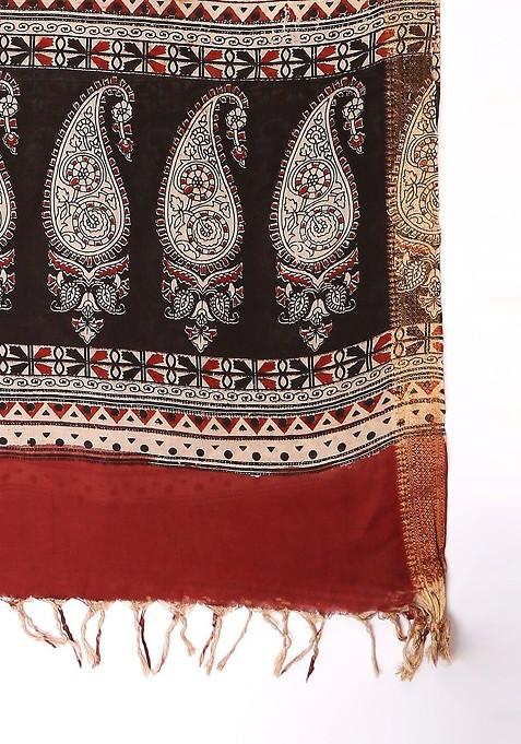 Beige And Black Ethnic Motifs Printed Pure Cotton Kalamkari Dupatta
