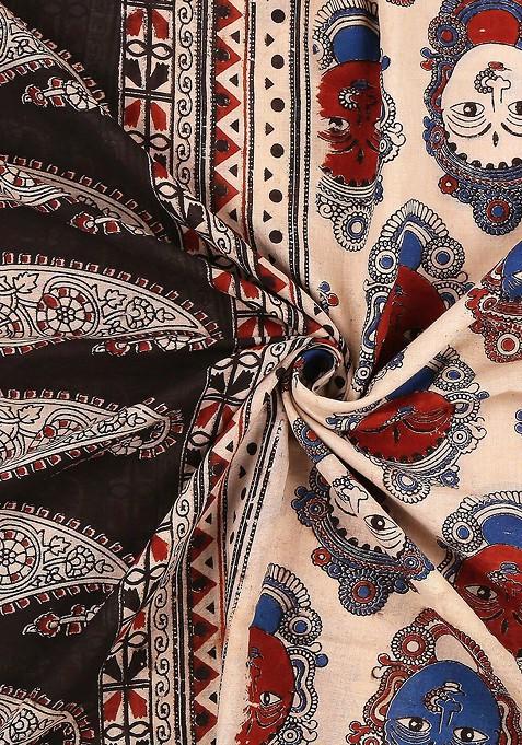 Beige And Black Ethnic Motifs Printed Pure Cotton Kalamkari Dupatta