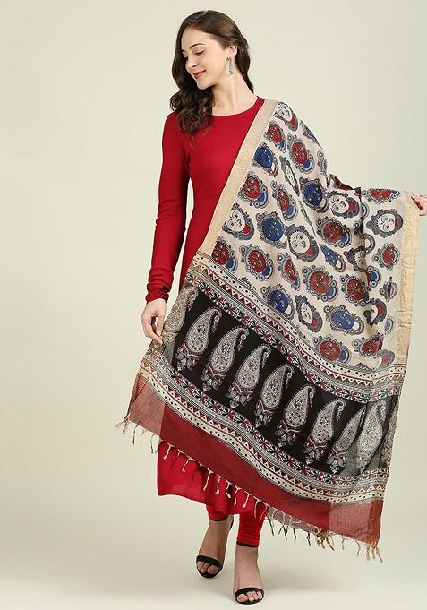 Beige And Black Ethnic Motifs Printed Pure Cotton Kalamkari Dupatta