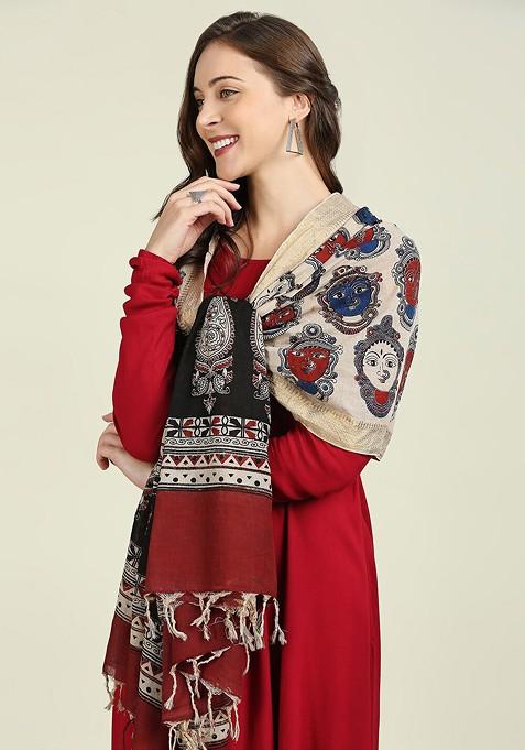 Beige And Black Ethnic Motifs Printed Pure Cotton Kalamkari Dupatta