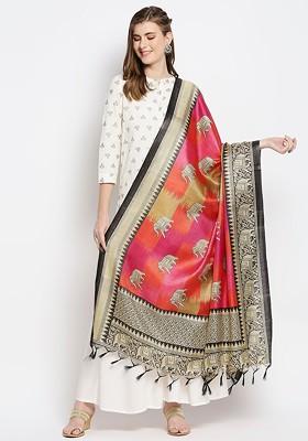 Pink And Gold Toned Ethnic Motifs Printed Art Silk Dupatta