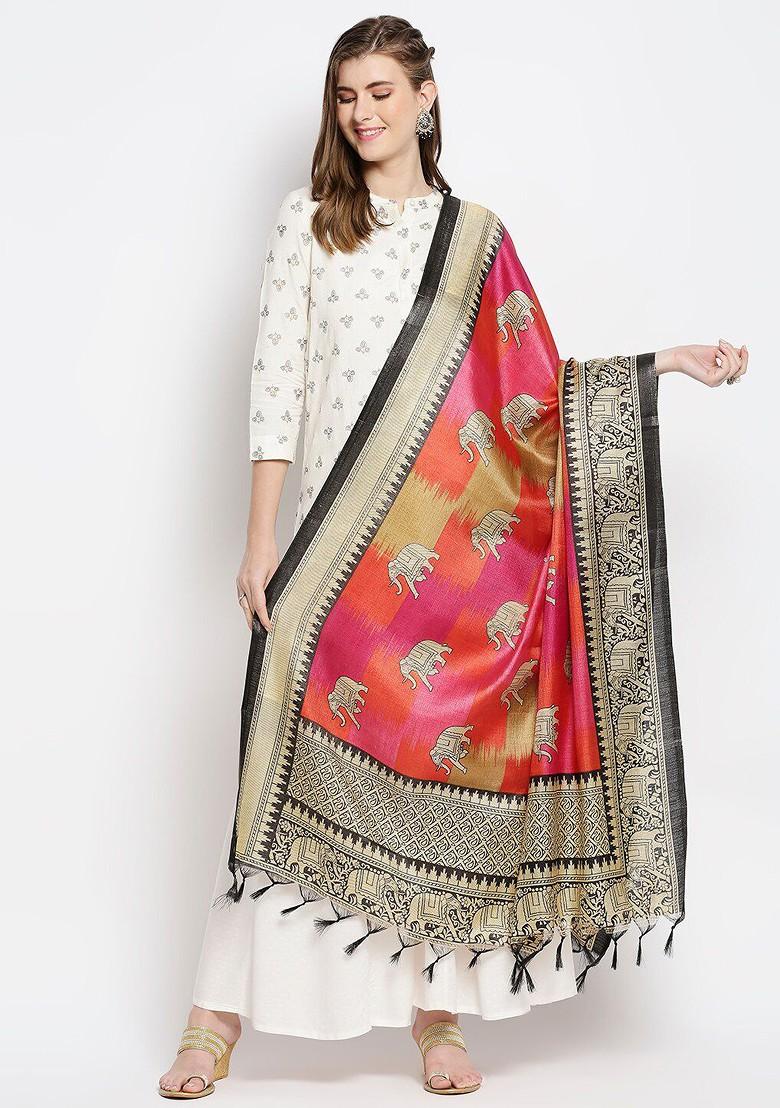 Pink And Gold Toned Ethnic Motifs Printed Art Silk Dupatta