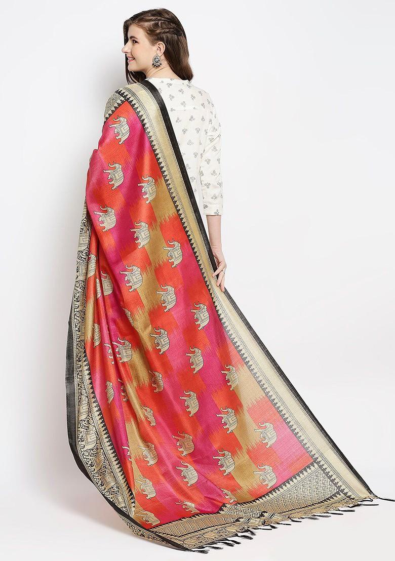 Pink And Gold Toned Ethnic Motifs Printed Art Silk Dupatta