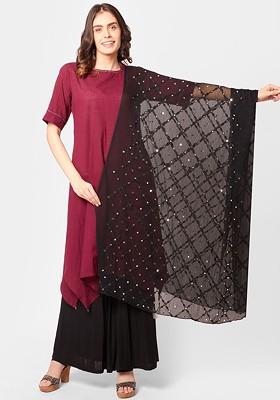 Black And White Embroidered Dupatta With Mirror Work