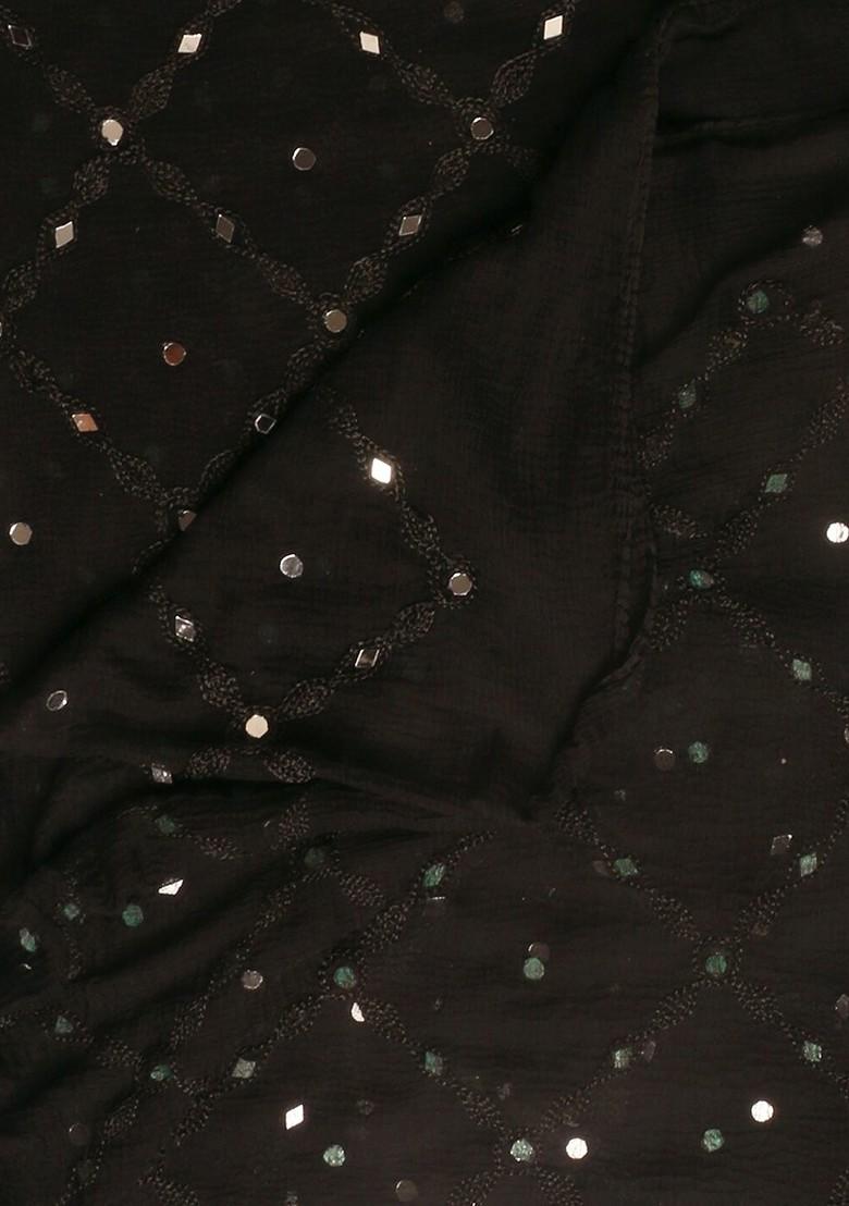 Black And White Embroidered Dupatta With Mirror Work