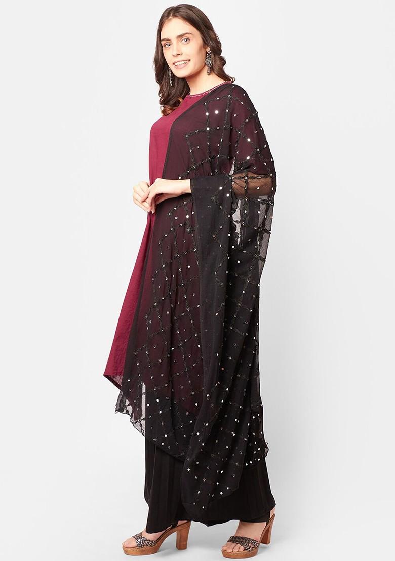 Black And White Embroidered Dupatta With Mirror Work