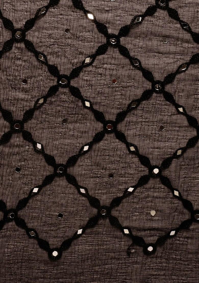 Black And White Embroidered Dupatta With Mirror Work