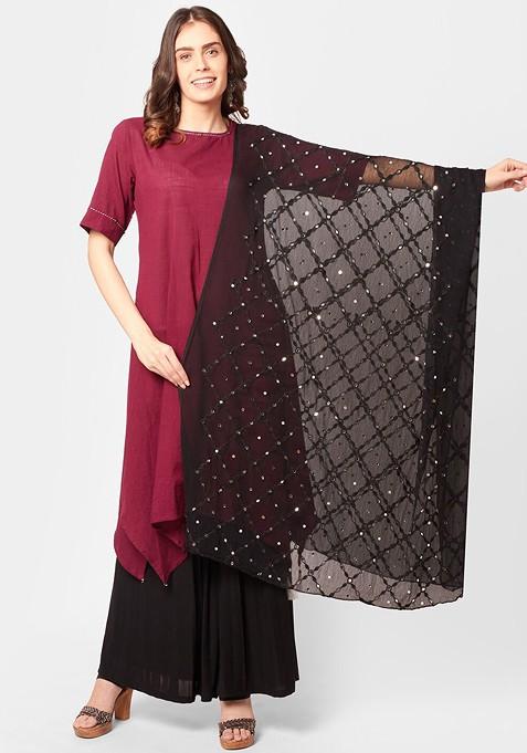 Black And White Embroidered Dupatta With Mirror Work