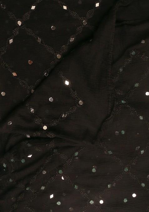 Black And White Embroidered Dupatta With Mirror Work