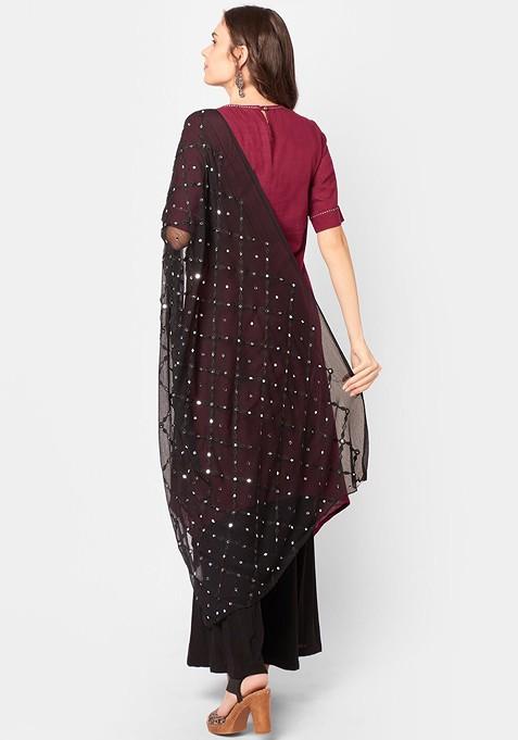 Black And White Embroidered Dupatta With Mirror Work
