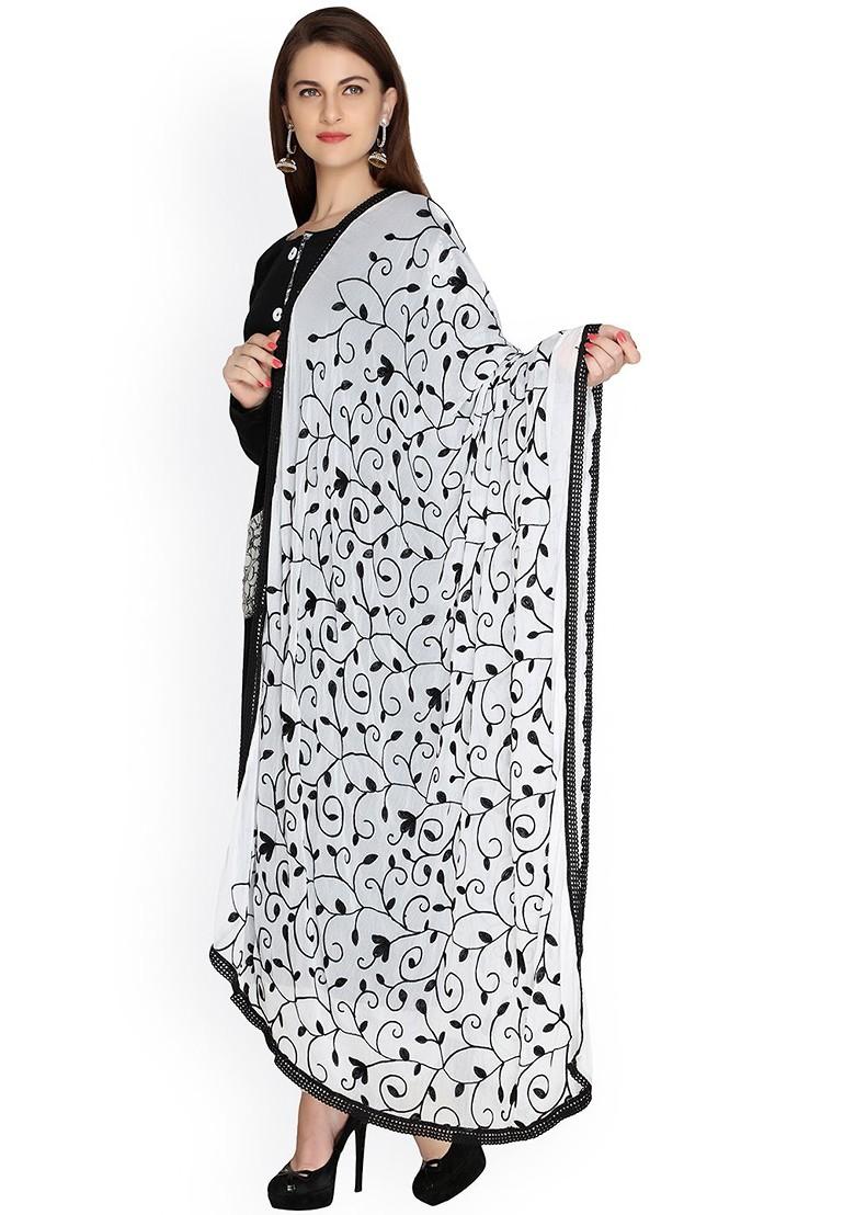 White And Black Embroidered Chiffon Dupatta