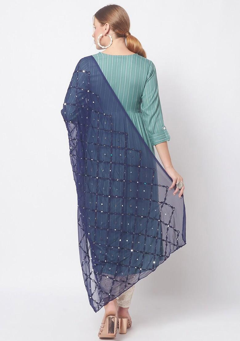 Navy Blue Embroidered Dupatta With Mirror Work