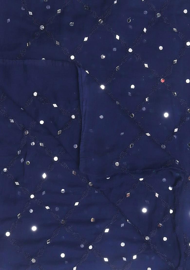 Navy Blue Embroidered Dupatta With Mirror Work