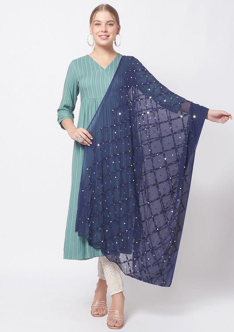 Navy Blue Embroidered Dupatta With Mirror Work