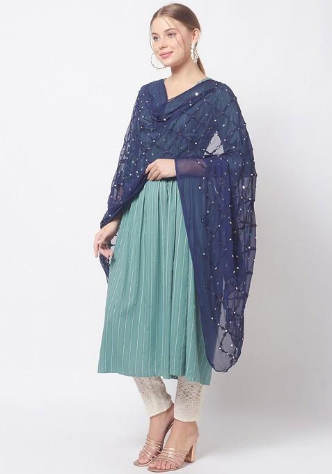 Navy Blue Embroidered Dupatta With Mirror Work