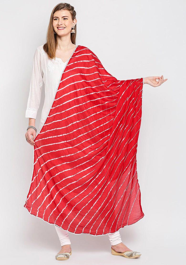 Red And White Striped Leheriya Tie And Dye Dupatta