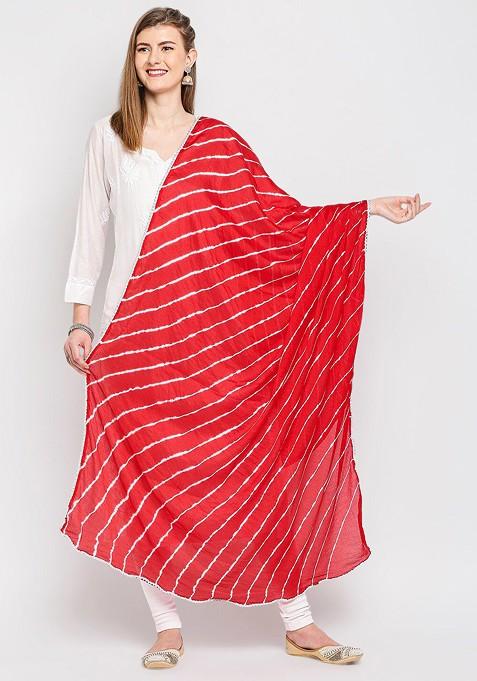 Red And White Striped Leheriya Tie And Dye Dupatta