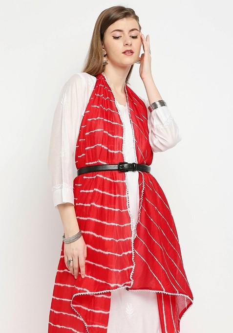 Red And White Striped Leheriya Tie And Dye Dupatta