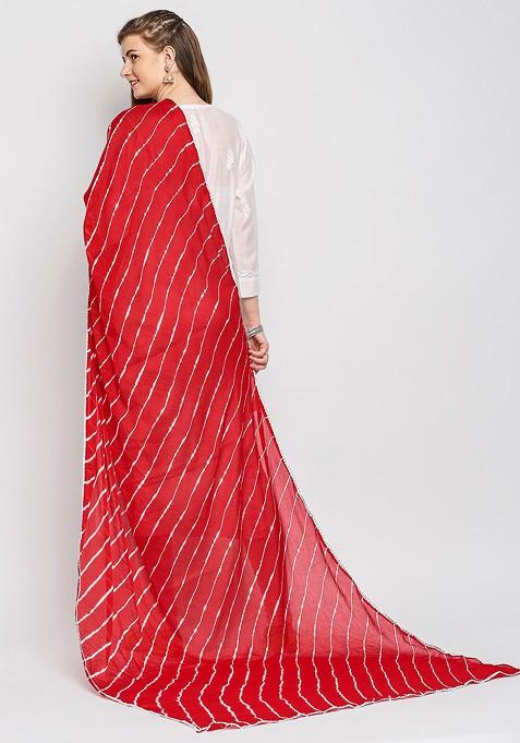 Red And White Striped Leheriya Tie And Dye Dupatta