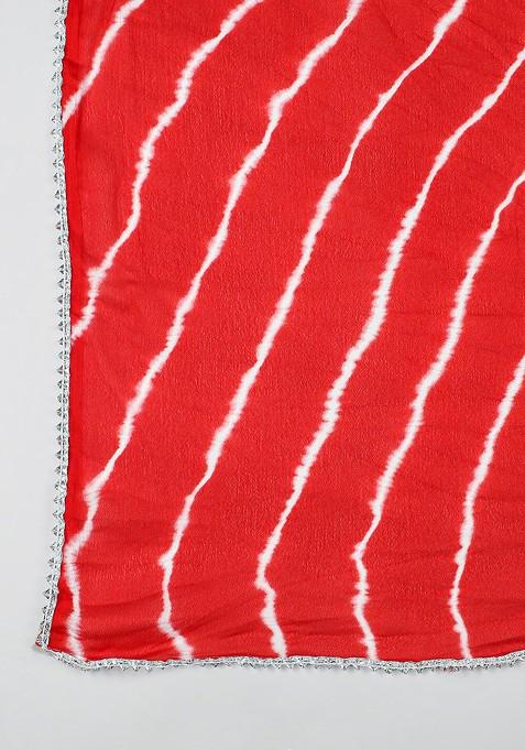 Red And White Striped Leheriya Tie And Dye Dupatta