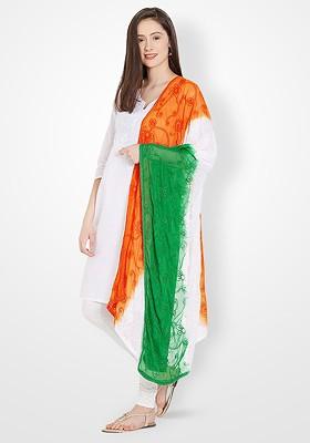 White And Green Woven Design Dupatta With Thread Work
