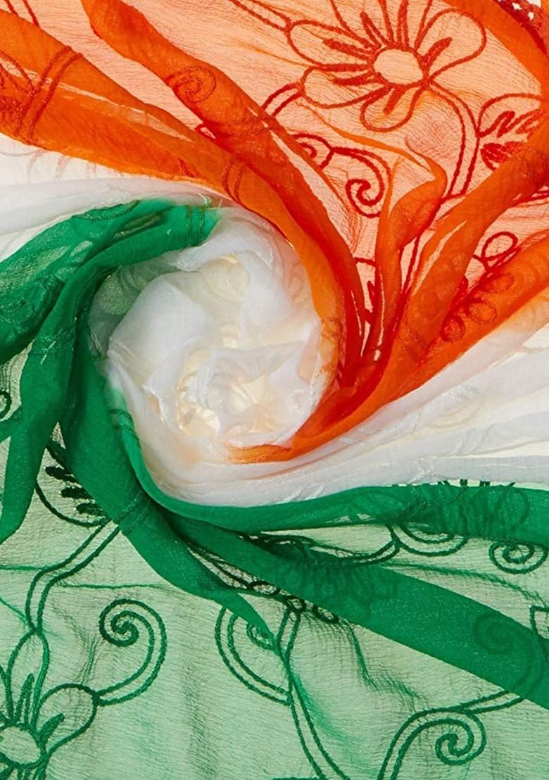 White And Green Woven Design Dupatta With Thread Work