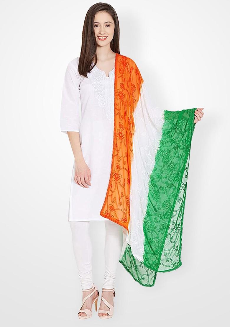 White And Green Woven Design Dupatta With Thread Work
