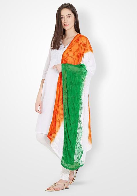 White And Green Woven Design Dupatta With Thread Work