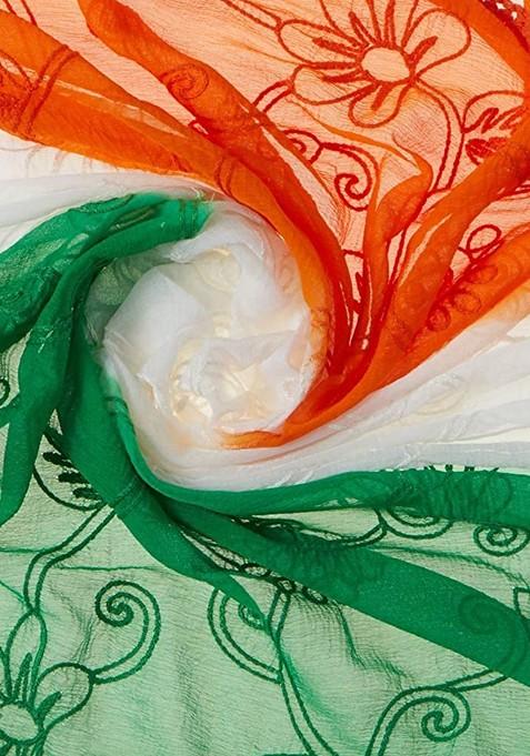 White And Green Woven Design Dupatta With Thread Work