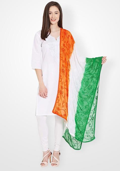 White And Green Woven Design Dupatta With Thread Work