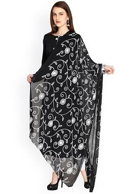 Black And White Embroidered Chiffon Dupatta