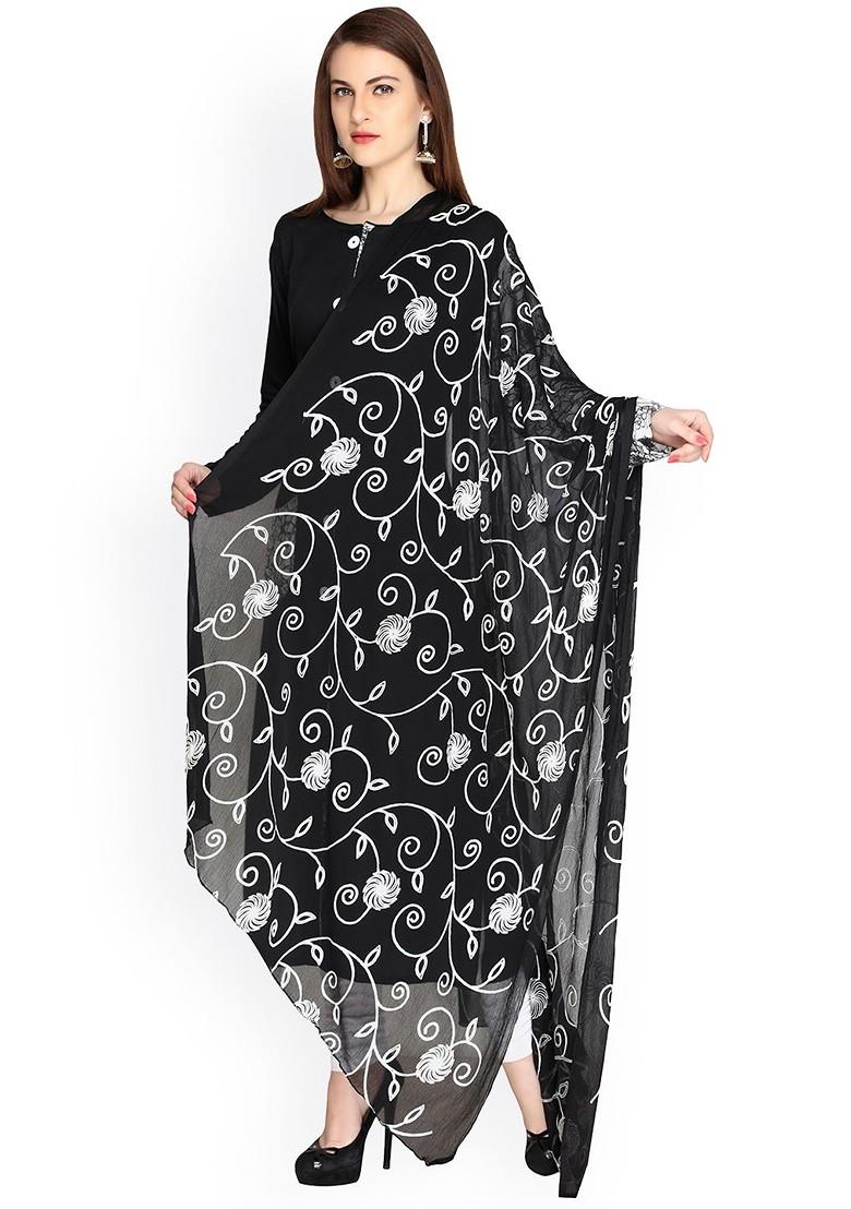 Black And White Embroidered Chiffon Dupatta