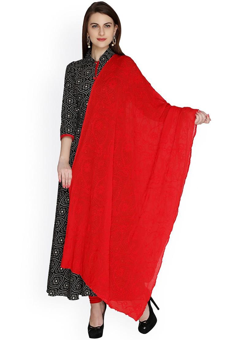 Red Embroidered Chiffon Dupatta