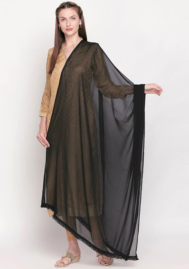 Black Solid Embellished Chiffon Dupatta