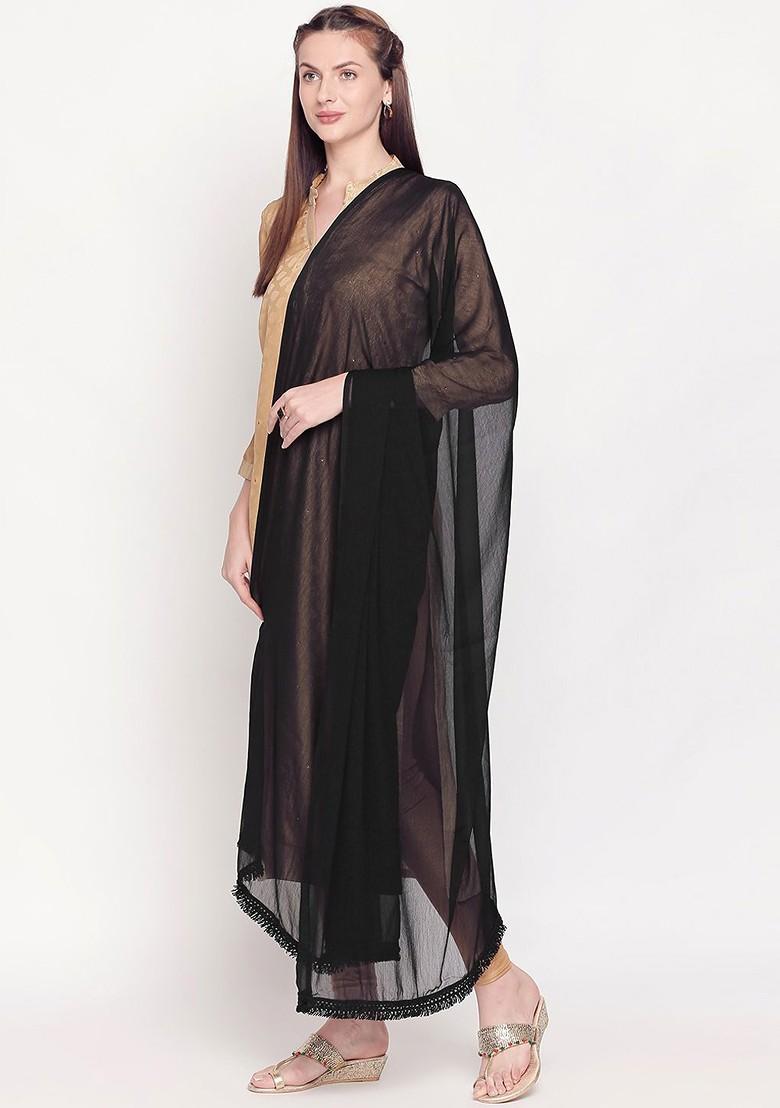 Black Solid Embellished Chiffon Dupatta