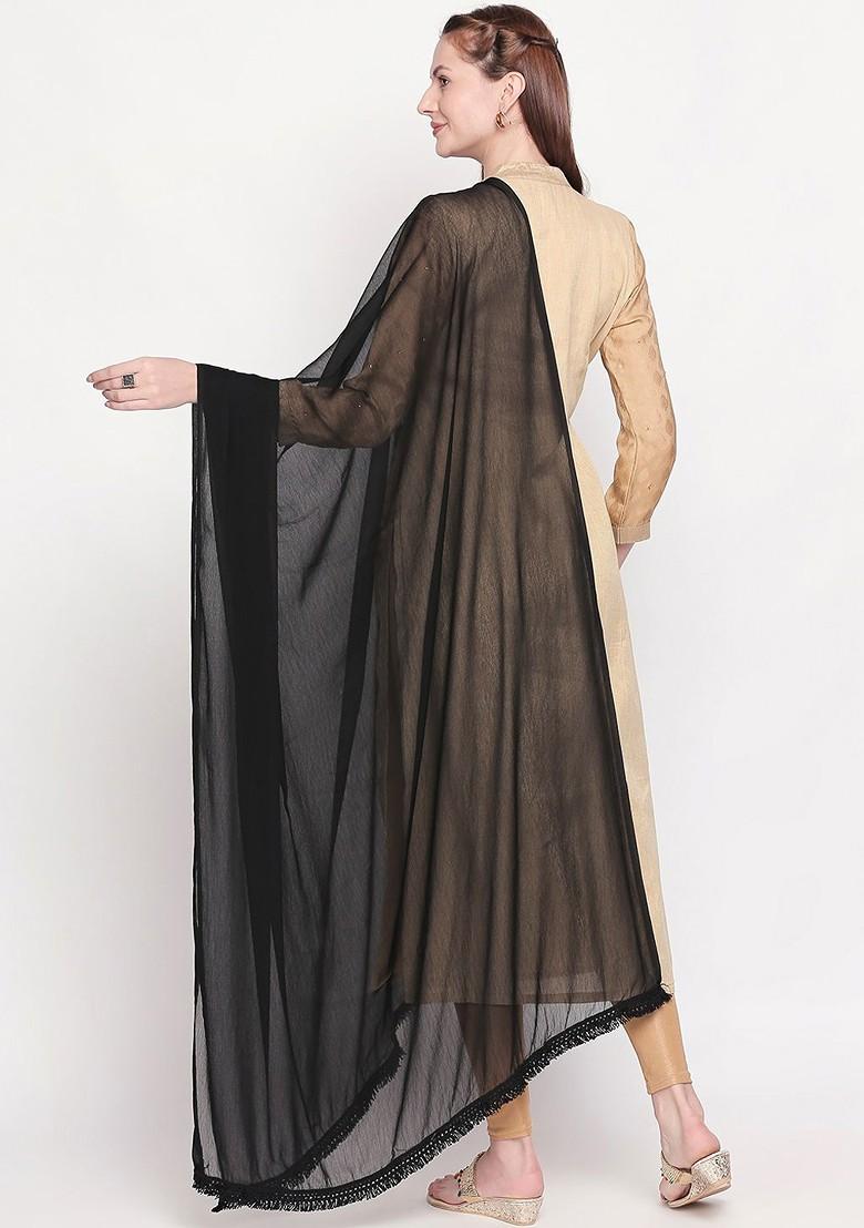 Black Solid Embellished Chiffon Dupatta