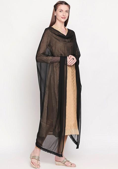 Black Solid Embellished Chiffon Dupatta