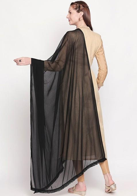 Black Solid Embellished Chiffon Dupatta