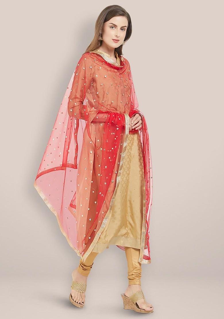 Red And Gold Toned Embroidered Dupatta With Sequinned
