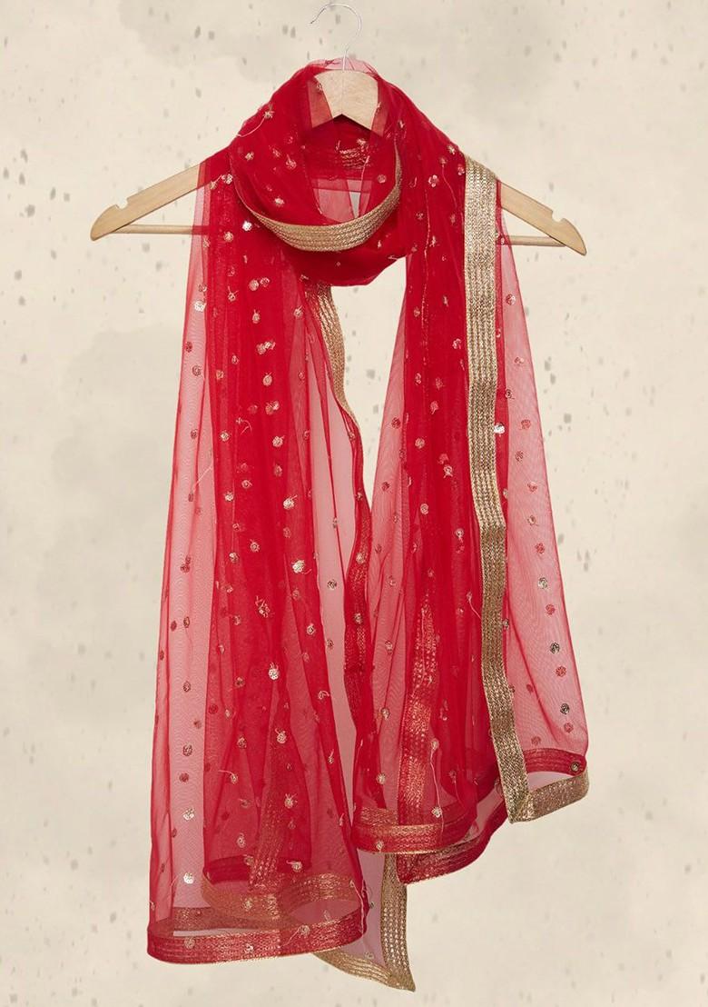 Red And Gold Toned Embroidered Dupatta With Sequinned