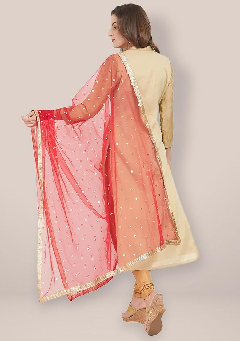 Red And Gold Toned Embroidered Dupatta With Sequinned