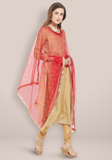 Red And Gold Toned Embroidered Dupatta With Sequinned